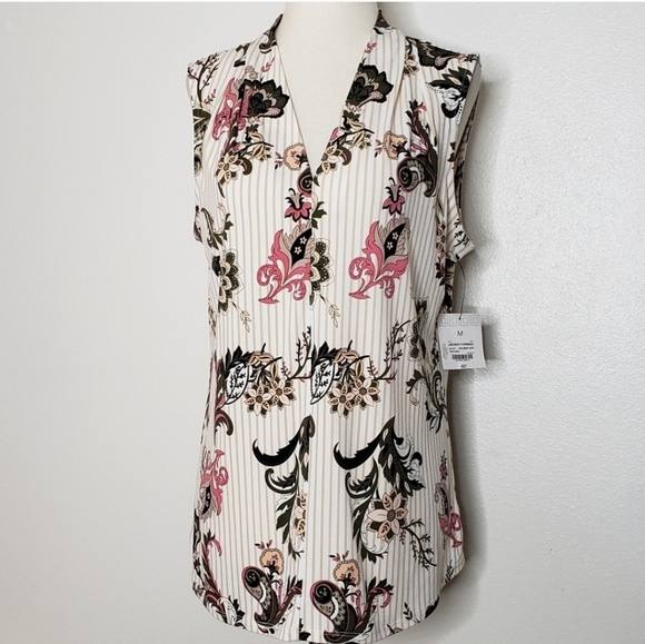 NEW Liz Claiborne White Paisley June Top Sleeveless Green Preppy Summer Slim Fit - Picture 2 of 6